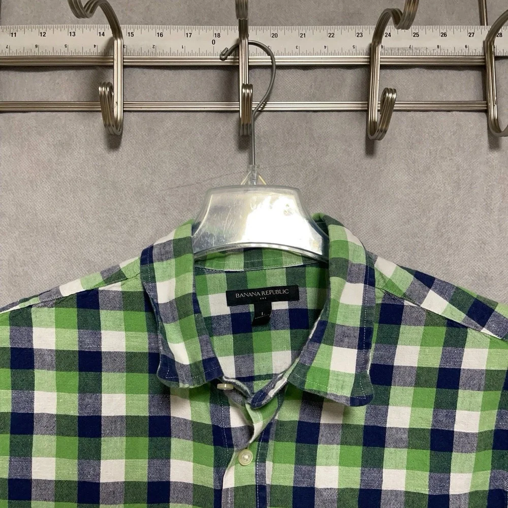 Banana Republic Shirt Men L Green Plaid Linen Cotton Button Up Academia Vacation